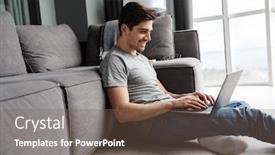  Presentation with computer room - Colorful PPT theme enhanced with portrait-of-an-attractive-smiling backdrop and a violet colored foreground