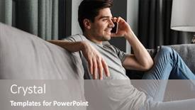  Presentation with living room - Audience pleasing slides consisting of portrait-of-an-attractive-smiling backdrop and a gray colored foreground