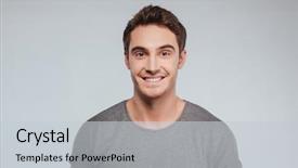  Presentation with camera - PPT theme having smiling man in t-shirt background and a light gray colored foreground