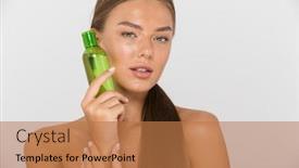 Presentation with cleansing - Amazing presentation design having portrait of an attractive young topless woman isolated over white background showing cleansing tonic bottle backdrop and a coral colored foreground