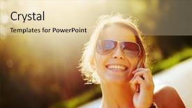  Presentation with blue professional - PPT layouts consisting of portrait of an attractive young professional woman using a smartphone while standing against a sunny blue sky smiling background and a lemonade colored foreground