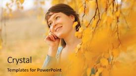  Presentation with blue professional - Slide deck enhanced with portrait of an attractive young professional woman using a smartphone while standing against a sunny blue sky smiling background and a yellow colored foreground