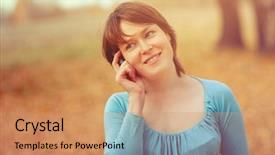  Presentation with blue professional - Presentation theme with portrait of an attractive young professional woman using a smartphone while standing against a sunny blue sky smiling background and a coral colored foreground