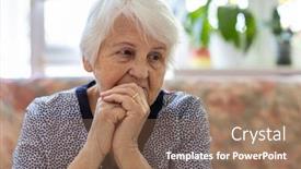  Presentation with elderly - PPT theme featuring portrait-of-an-elderly-woman background and a coral colored foreground