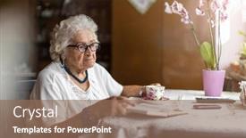  Presentation with elderly home - Slide deck with portrait-of-an-elderly-woman background and a violet colored foreground