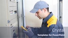  Presentation with electrician - PPT theme consisting of portrait-of-an-electrician background and a ocean colored foreground