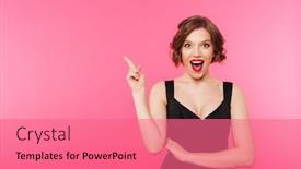  Presentation with black girl - Cool new PPT theme with portrait of an excited girl dressed in black dress pointing finger up while standing and looking at camera isolated over pink background backdrop and a coral colored foreground