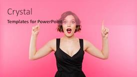  Presentation with black girl - Presentation theme consisting of portrait of an excited girl dressed in black dress pointing fingers up while standing and looking at camera isolated over pink background background and a coral colored foreground