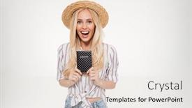  Presentation with passport - Slide deck featuring portrait of an excited happy woman in summer hat holding passport and looking at camera isolated over white background background and a light gray colored foreground