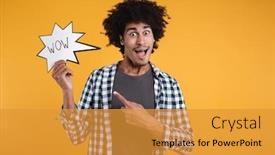  Presentation with wow - Cool new theme with portrait of an excited happy african man pointing finger at a wow speech bubble and looking at camera isolated over orange background backdrop and a gold colored foreground