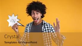  Presentation with wow - Beautiful PPT layouts featuring portrait of an excited happy african man holding wow speech bubble and looking at camera isolated over orange background backdrop and a gold colored foreground