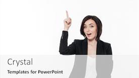  Presentation with space suit - Audience pleasing slide set consisting of portrait of an excited pretty businesswoman in a suit pointing finger up at copy space and looking at camera isolated over white background backdrop and a white colored foreground