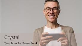  Presentation with mobile games - Presentation design with portrait-of-an-excited-smart background and a mint green colored foreground