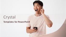  Presentation with asian music - Presentation design featuring portrait of an excited young asian man listening to music with earphones and mobile phone and looking at copy space isolated over white background and a lemonade colored foreground