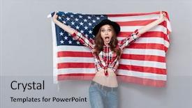  Presentation with portrait of excited overjoyed female - PPT theme consisting of portrait of an excited young background and a  colored foreground