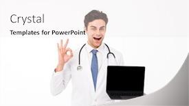  Presentation with laptop blank screen - Presentation design consisting of portrait of an excited young male doctor with stethoscope dressed in uniform showing blank screen laptop computer while showing ok gesture and looking at camera isolated over white background background and a white colored foreground
