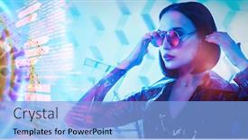  Presentation with lady - Colorful slide deck enhanced with portrait-of-an-extravagant-dark backdrop and a light blue colored foreground