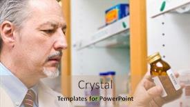  Presentation with pharmacist - Slide deck having portrait of an handsome senior pharmacist in his shop background and a coral colored foreground