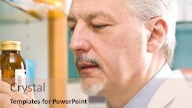  Presentation with pharmacist - Slides with portrait of an handsome senior pharmacist taking a medicine background and a coral colored foreground