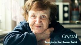  Presentation with happy smiling woman dental health - Presentation consisting of portrait-of-an-happy-old background and a navy blue colored foreground