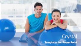  Presentation with gym ball - Audience pleasing slide set consisting of portrait of an instructor and smiling woman with exercise ball at a bright gym backdrop and a teal colored foreground