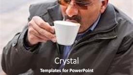  Presentation with cappuccino - Amazing PPT theme having portrait of an iranian arabic business man sipping cappuccino in a shopping center backdrop and a dark gray colored foreground