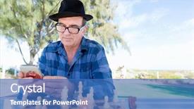  Presentation with old man - Presentation design having portrait of an old man background and a teal colored foreground