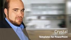  Presentation with executive - Amazing PPT theme having portrait of an unhappy arrogant executive in modern office setting backdrop and a coral colored foreground