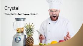  Presentation with cook chef - PPT theme with portrait of angry chef cook sitting at the table with fruits isolated on a white background background and a white colored foreground
