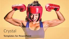  Presentation with flexing - Presentation theme featuring portrait of angry female boxer flexing muscles against yellow background background and a yellow colored foreground