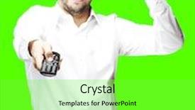  Presentation with key control - Beautiful slides featuring portrait of angry man changing channel using a remote tv control over removable chroma key background backdrop and a seafoam green colored foreground
