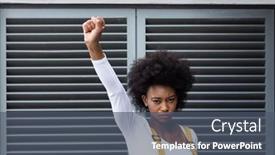  Presentation with woman rights - PPT theme enhanced with portrait-of-angry-mixed-race background and a ocean colored foreground