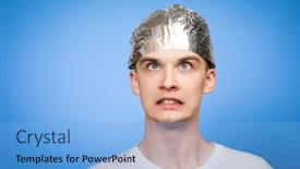  Presentation with conspiracy theory - PPT layouts enhanced with portrait-of-anxious-young-man background and a light blue colored foreground