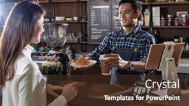  Presentation with croissant - Slide deck enhanced with portrait-of-asian-barista-hold background and a tawny brown colored foreground