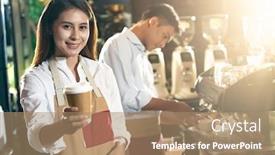  Presentation with food industry - PPT layouts consisting of portrait-of-asian-barista-serving background and a coral colored foreground