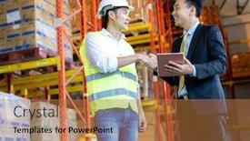  Presentation with hand shake - Presentation consisting of portrait-of-asian-businessman-warehouse background and a coral colored foreground