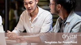  Presentation with new office - Colorful PPT theme enhanced with portrait-of-asian-businessman-working backdrop and a coral colored foreground