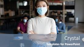  Presentation with hygiene - Colorful slide set enhanced with portrait-of-asian-businesswoman-wearing backdrop and a teal colored foreground