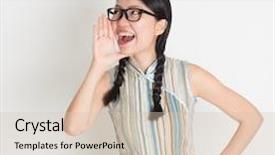  Presentation with revival - Colorful PPT theme enhanced with portrait of asian chinese female shouting loud hand next to the mouth in retro revival style cheongsam standing on plain background backdrop and a soft green colored foreground