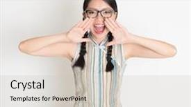  Presentation with revival - Presentation with portrait of asian chinese girl shouting loud hands next to the mouth in retro revival style cheongsam standing on plain background background and a soft green colored foreground