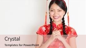  Presentation with princess - Slides consisting of portrait of asian chinese girl with princess hat greeting in traditional red qipao standing on plain background background and a lemonade colored foreground