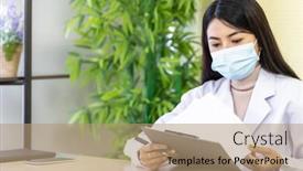  Presentation with patience - Presentation design having portrait-of-asian-female-doctor background and a coral colored foreground