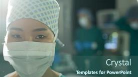  Presentation with theatre mask - PPT layouts enhanced with portrait-of-asian-female-surgeon background and a ocean colored foreground