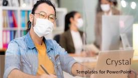  Presentation with social work - PPT layouts featuring portrait-of-asian-office-employee background and a coral colored foreground