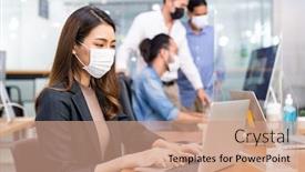  Presentation with social work - Slides having portrait-of-asian-office-employee background and a coral colored foreground