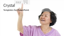 Presentation with senior asian - Slide set enhanced with portrait of asian senior adult woman online shopping and finger pushing at check out pay button isolated on white background background and a white colored foreground