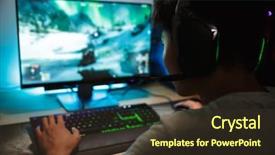  Presentation with video game - Beautiful presentation featuring portrait of asian teenage gamer backdrop and a tawny brown colored foreground