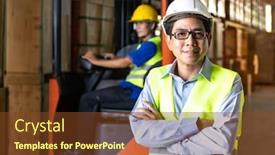  Presentation with stand - Amazing slide deck having portrait-of-asian-warehouse-manager backdrop and a tawny brown colored foreground