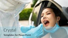  Presentation with medical ppe - Slide deck with portrait-of-asian-woman-drive background and a light blue colored foreground