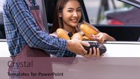  Presentation with online grocery - Beautiful PPT theme featuring portrait-of-asian-woman-make backdrop and a violet colored foreground